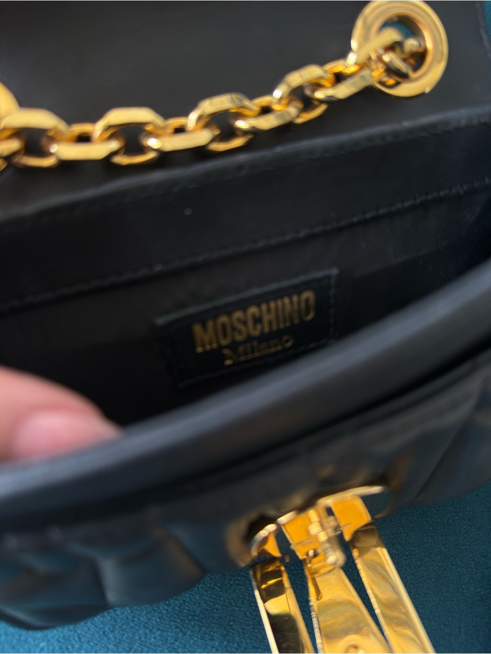 Authentic Moschino Black Quilted Leather Crossbody with Gold 'M' Logo and Chain - Picture 3 of 9